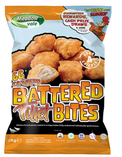 382265 SAV. Meadow Vale Battered Chicken Fillet Bites 2KG