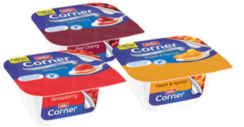 219143 SAV. Muller Mixed Fruit Corner Yoghurt - Strawberry Peach and Apricot Cherry 12x150g