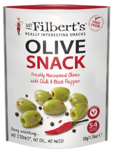 146155 SAV. Mr Filberts Chilli and Black Pepper Green Olives 12 x 50G