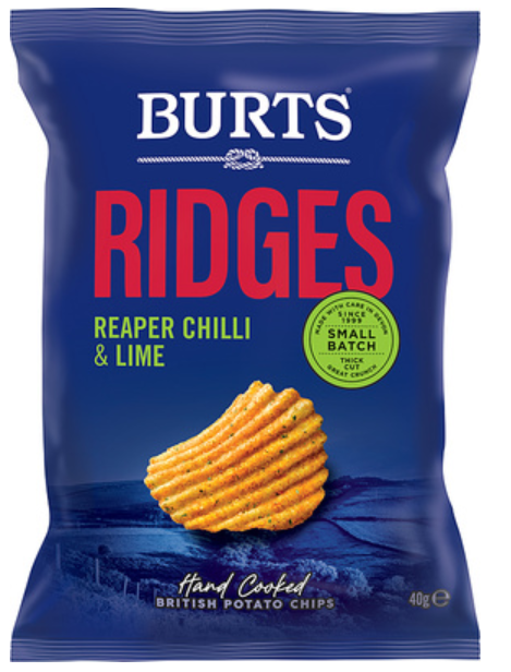 168427 SAV Burts Ridge Cut Carolina Reaper Chilli And Lime Crisps 40g (20 Pack)