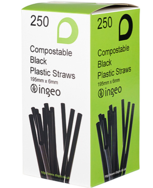 601105 SAV. Displast Compostable Jumbo Black PLA Bendy Straws 250 PCS
