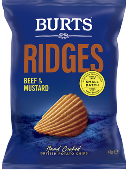 168425 SAV Burts Ridge Cut Beef And Mustard Crisps 40g (20 Pack)